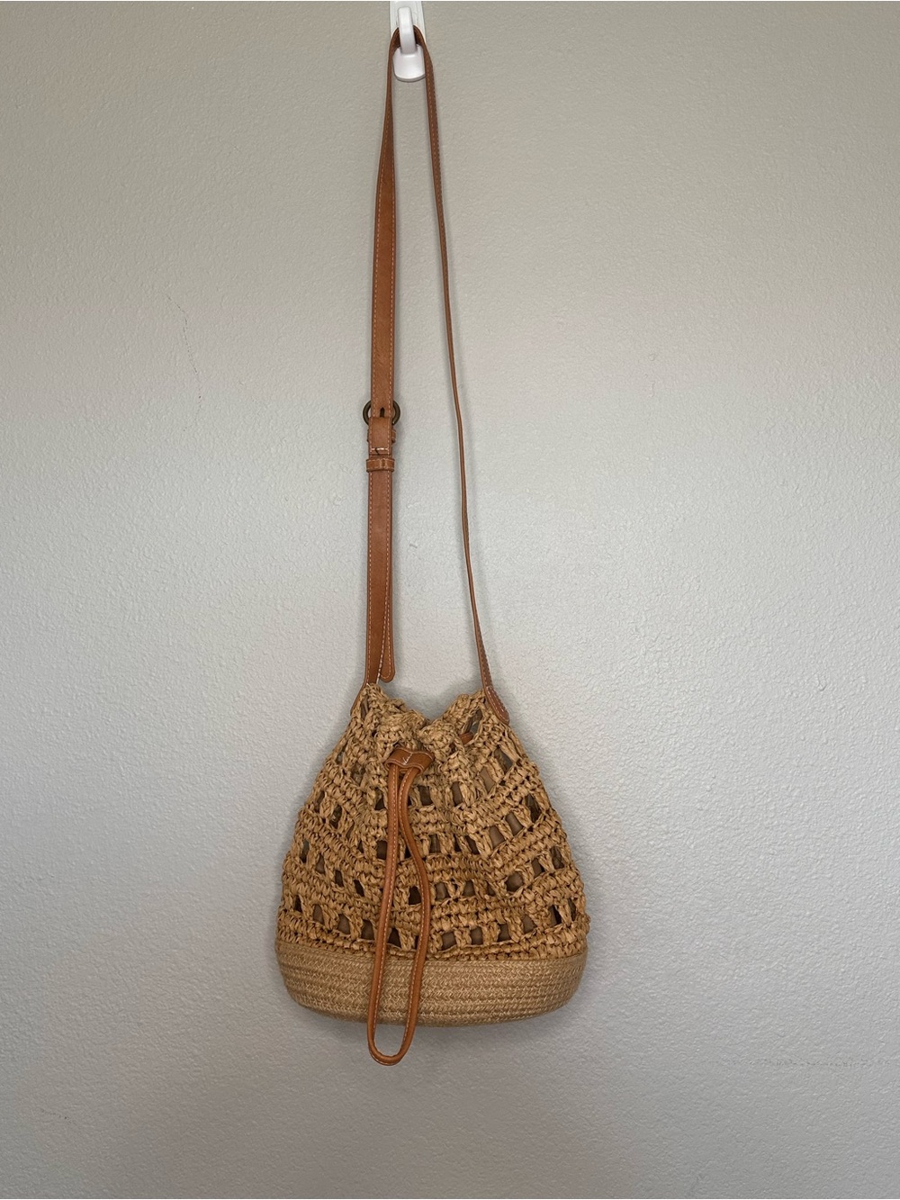 Woven Drawstring Bucket Bag with Brown Leather Strap - Picture 2 of 5